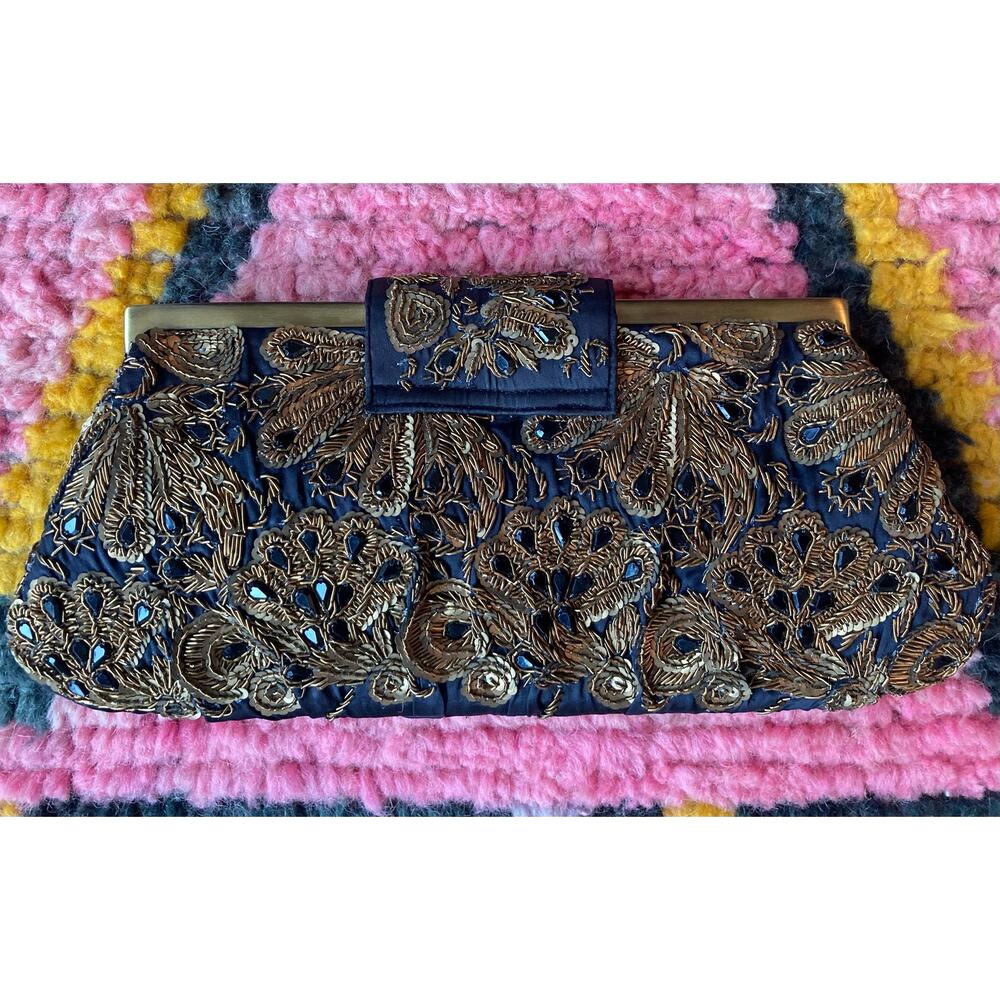Santi Beaded Clutch Evening Bag Satin + Ornate Gold & Black Beading ~ Lovely - Picture 5 of 9